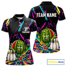 Load image into Gallery viewer, Colorful watermelon bowling polo shirt for women with vibrant custom bowling team graphics.