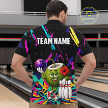 Load image into Gallery viewer, Back view of man wearing a colorful coconut bowling quarter zip shirt in a bowling alley.