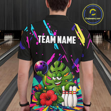 Load image into Gallery viewer, Back view of man wearing a colorful monstera hibiscus bowling polo shirt inside a bowling alley.