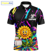 Load image into Gallery viewer, Colorful sunflower bowling polo shirt for men with vibrant custom bowling team graphics.