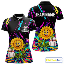 Load image into Gallery viewer, Colorful sunflower bowling polo shirt for women with vibrant custom bowling team graphics.