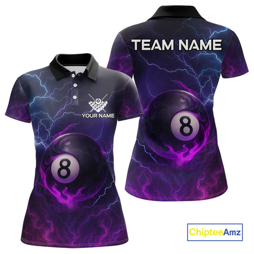 Personalized 3D Purple Billiard Jerseys For Women, Lightning 8 Ball Pool Billiard Team Shirts TDM4010
