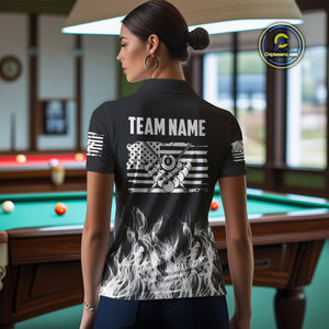 White Black Flaming American Flag Women Billiard Shirt Custom Patriotic Pool Player Billiard Jersey TDM4195