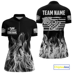 White Black Flaming American Flag Women Billiard Shirt Custom Patriotic Pool Player Billiard Jersey TDM4195
