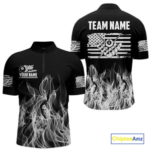 White Black Flaming American Flag Men Billiard Shirt Custom Patriotic Pool Player Billiard Jersey TDM4195
