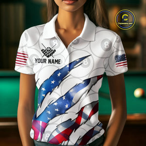 Custom Glowing American Flag 8 Ball Billiard Shirt For Women, Patriotic Billiard Team Jerseys |White TDM4596
