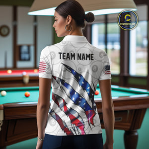Custom Glowing American Flag 8 Ball Billiard Shirt For Women, Patriotic Billiard Team Jerseys |White TDM4596