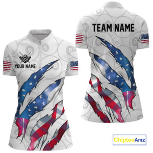 Custom Glowing American Flag 8 Ball Billiard Shirt For Women, Patriotic Billiard Team Jerseys |White TDM4596