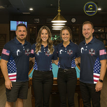 Load image into Gallery viewer, Custom US Flag 8 Ball Pool Billiard Shirt For Men, Billiard Team Jersey Polo &amp; 1/4 Zip |Navy Blue TDM5478