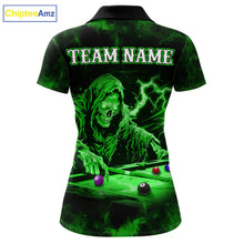 Load image into Gallery viewer, Personalized Smoke Skull Green Billiard Shirts For Women, Grim Reaper Pool Jersey Team Polo, 1/4 Zip TDM5935