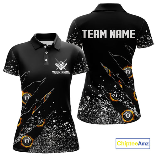 Custom 8 Ball Fire Black Grunge Billiard Shirts For Women, Billiard Team Shirts Pool Jerseys TDM4015