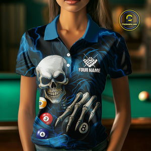 Personalized Blue Funny Skeleton Pool Balls Billiard Shirt For Women, Skull Billiard Team Jerseys TDM4368