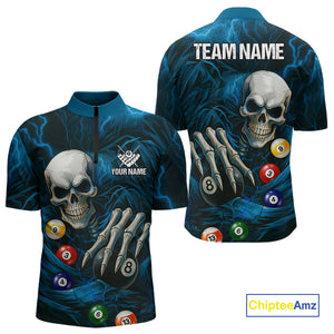 Personalized Blue Funny Skeleton Pool Balls Billiard Shirt For Men, Skull Billiard Team Jerseys TDM4368