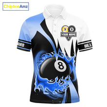 Load image into Gallery viewer, Custom Flame 8 Ball &amp; 9 Ball Billiard Shirt For Men, Pool Team Jersey Polo &amp; Quarter Zip |Blue TDM6540
