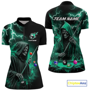 Turquoise Grim Reaper Billiard Shirts For Women Custom Thunder Lightning Team League Billiard Jersey TDM4601