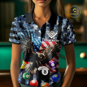 Blue Camo American Flag Eagle 8 Ball Billiard Shirt For Women Custom Patriotic Pool Team Jerseys TDM4809