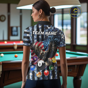 Blue Camo American Flag Eagle 8 Ball Billiard Shirt For Women Custom Patriotic Pool Team Jerseys TDM4809
