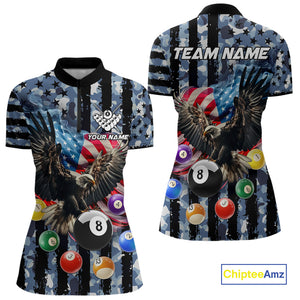Blue Camo American Flag Eagle 8 Ball Billiard Shirt For Women Custom Patriotic Pool Team Jerseys TDM4809