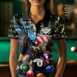 Green Camo American Flag Eagle 8 Ball Billiard Shirt For Women Custom Patriotic Pool Team Jerseys TDM4810