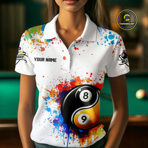 Funny Yin Yang 8 Ball & 9 Ball Colorful Splash Custom Women's Billiard Shirts, Pool Jerseys|White TDM4018