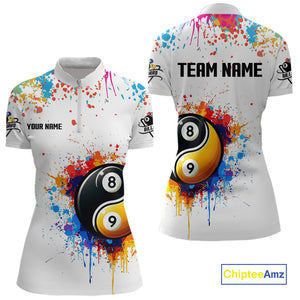 Funny Yin Yang 8 Ball & 9 Ball Colorful Splash Custom Women's Billiard Shirts, Pool Jerseys|White TDM4018