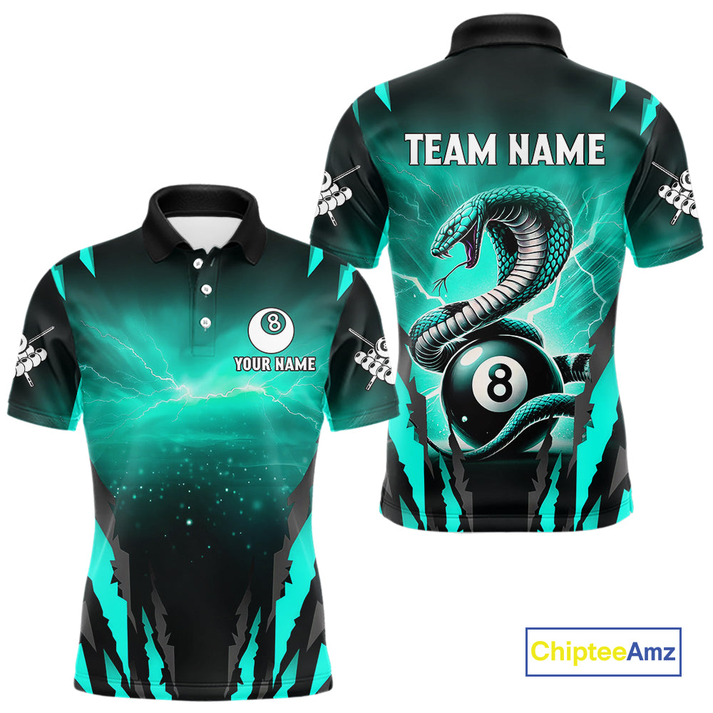 Customized Thunder Lightning Cobra Snake Men Billiard Shirt, 8 Ball Billiard Team Jersey|Turquoise TDM4020