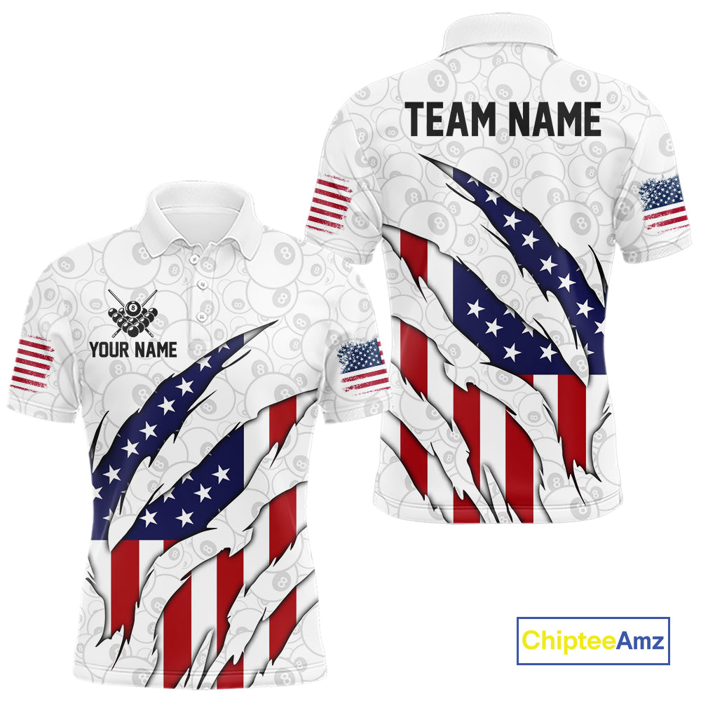 Personalized American Flag Billiard Shirts For Men, Patriotic 8 Ball Pool Team Jersey | White TDM4026