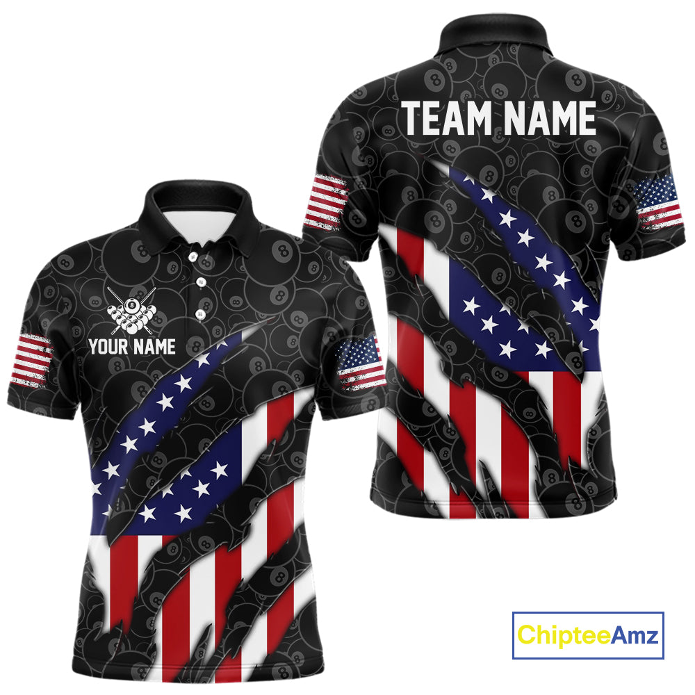 Personalized American Flag Billiard Shirts For Men, Patriotic 8 Ball Pool Team Jersey | Black TDM4027
