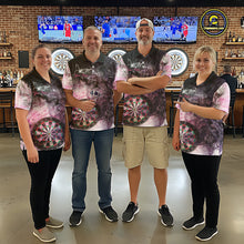 Load image into Gallery viewer, Darts team wearing matching pink butterfly smoke darts jerseys during league competit