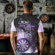 Load image into Gallery viewer, Back view of man wearing a purple butterfly smoke darts shirt.