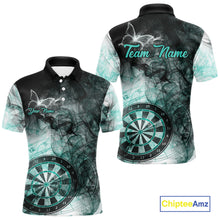 Load image into Gallery viewer, Turquoise butterfly smoke darts polo shirt for men with custom darts team graphics.