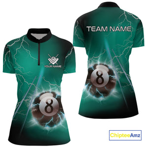 Personalized Turquoise Thunder Lightning 8 Ball Pool Billiard Shirt For Women, Billiard Team Jersey TDM4609