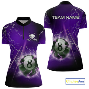 Personalized Purple 3D Thunder Lightning 8 Ball Pool Billiard Shirt For Women, Billiard Team Jersey TDM4610