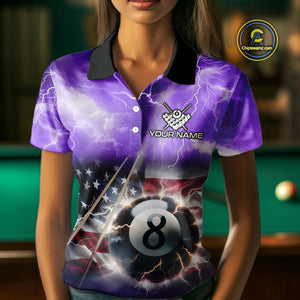 Purple American Flag Thunder Lightning 8 Ball Billiard Shirt For Women Custom Pool Team Jersey TDM4611