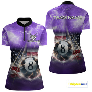 Purple American Flag Thunder Lightning 8 Ball Billiard Shirt For Women Custom Pool Team Jersey TDM4611