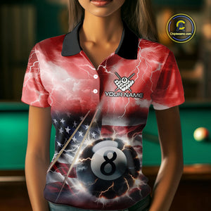 Red American Flag Thunder Lightning 8 Ball Pool Billiard Shirt For Women Custom Billiard Team Jersey TDM4612