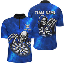Load image into Gallery viewer, Grim Reaper Custom Blue Dart Shirts For Men, Personalized Name 3D Skull Dart Team Jerseys TDM3018