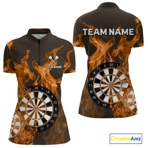 Orange Flaming Dartboard Darts Polo & Quarter Zip Custom Dart Shirts For Women Team Dart Jerseys TDM4229