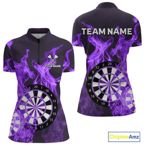 Purple Flaming Dartboard Darts Polo & Quarter Zip Custom Dart Shirts For Women Team Dart Jerseys TDM4230