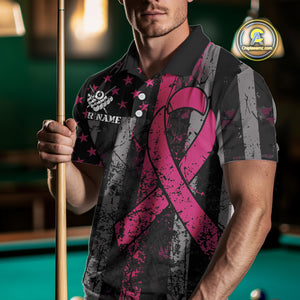 Custom Pink Ribbon Grunge US Flag Billiard Shirt For Men, Patriotic Breast Cancer Pool Team Jersey TDM4624