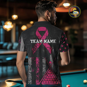 Custom Pink Ribbon Grunge US Flag Billiard Shirt For Men, Patriotic Breast Cancer Pool Team Jersey TDM4624
