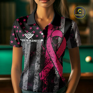 Custom Pink Ribbon Grunge US Flag Billiard Shirt For Women, Patriotic Breast Cancer Pool Team Jersey TDM4624