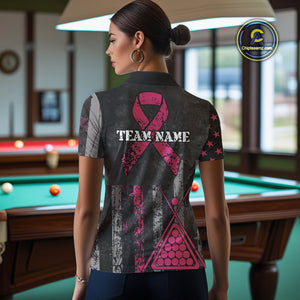 Custom Pink Ribbon Grunge US Flag Billiard Shirt For Women, Patriotic Breast Cancer Pool Team Jersey TDM4624