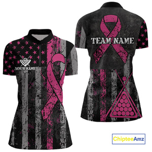 Custom Pink Ribbon Grunge US Flag Billiard Shirt For Women, Patriotic Breast Cancer Pool Team Jersey TDM4624