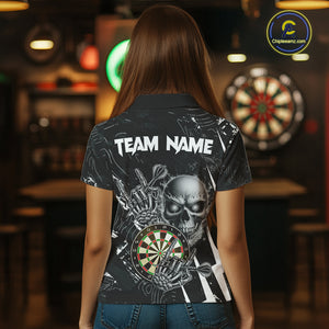 White Black 3D Skull Darts Polo & 1/4 Zip For Women Custom Darts League Team Jersey, Best Darts Gift TDM4828