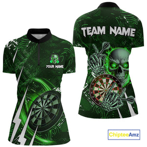 Green 3D Skull Darts Polo & 1/4 Zip For Women Custom Darts League Team Jersey, Best Darts Gifts TDM4829