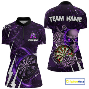 Purple 3D Skull Darts Polo & 1/4 Zip For Women Custom Darts League Team Jersey, Best Darts Gifts TDM4830
