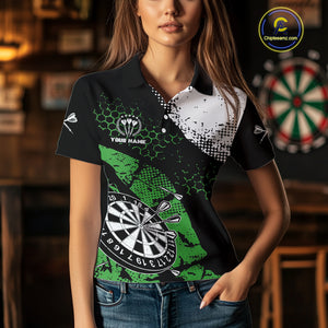 Retro Black Green Grunge Pattern Darts Polo, Quarter Zip Custom Women Dart Shirt Team Dart Jersey TDM4039