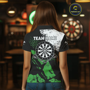 Retro Black Green Grunge Pattern Darts Polo, Quarter Zip Custom Women Dart Shirt Team Dart Jersey TDM4039