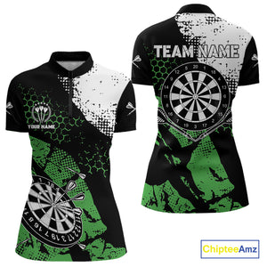 Retro Black Green Grunge Pattern Darts Polo, Quarter Zip Custom Women Dart Shirt Team Dart Jersey TDM4039